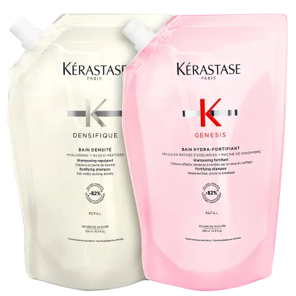 A imagem mostra duas embalagens de refil de shampoo, uma bege e outra rosa, ambas com letras pretas.