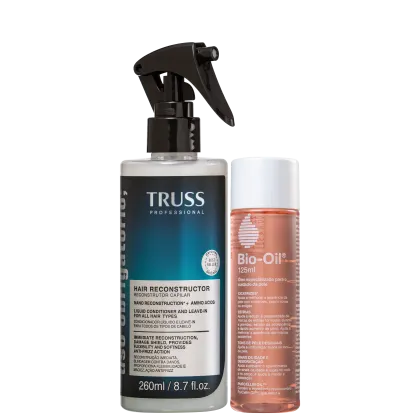 A imagem mostra dois produtos de cuidados capilares da marca Truss Professional. Um é um frasco plástico contendo um líquido de reconstrução capilar de 260ml. O outro é um frasco plástico menor com um óleo de tratamento para pele Bio-Oil.