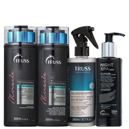 A imagem mostra uma linha de produtos para cabelo da marca TRUSS. Há dois frascos pretos de shampoo e condicionador. Também há um frasco branco de 260ml com um sérum noturno para reconstrução capilar e um borrifador preto com um produto leave-in.
