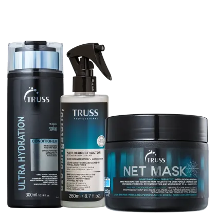A imagem mostra três produtos de cuidados capilares da marca TRUSS. Um condicionador Ultra Hydration, um Uso Obrigatório e uma máscara capilar NET Mask.