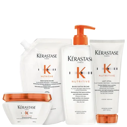Kit com shampoo, refil de shampoo, condicionador e máscara Nutritive, da marca Kerastase.
