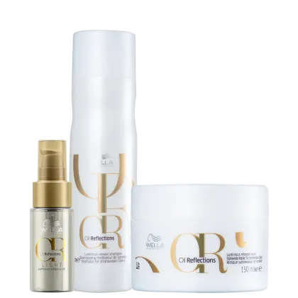 Kit Wella Professionals Oil Reflections Trio Shine Light, com shampoo, máscara e óleo capilar.