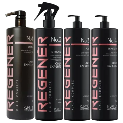 A série de produtos de beleza K.Pro é apresentada em embalagens pretas com detalhes em rosa. Há quatro frascos com bombas doseadoras, cada um com um número (1, 2, 3 e 4) e um rótulo indicando o tipo de produto, como "Purify", "Strong", "Acid" e "Sensory".