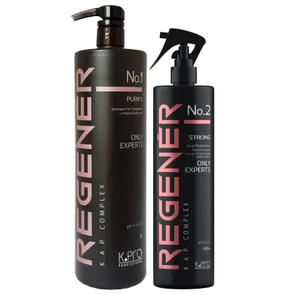 O produto de beleza apresentado na imagem é um conjunto de dois itens da marca K.Pro. O primeiro item é um frasco de shampoo com a etiqueta "No.1 PURIFY" e o segundo item é um frasco de spray com a etiqueta "No.2 STRONG".