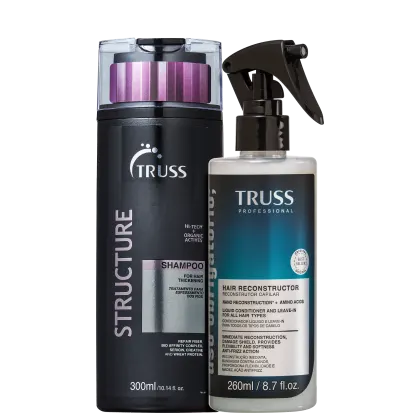 A imagem mostra dois produtos da TRUSS: Shampoo Structure 300ml e Tratamento Uso Obrigatório 260ml. Cores predominantes são o preto, o rosa e o azul.