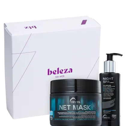 A imagem mostra uma caixa branca presenteável com o logotipo da marca Beleza na Web e dois produtos da TRUSS: Night Spa Serum de 250ml e Net Mask de 550g.