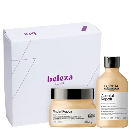 A imagem mostra caixa presenteável branca da Beleza na Web e produtos da marca L'Oréal Professionnel, da linha Absolut Repair: shampoo de 300ml e máscara de 250g.