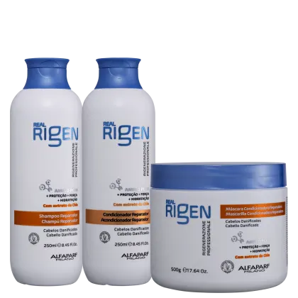 Kit com shampoo, condicionador e máscara capilar Real Rigen, da marca Alfaparf Milano.