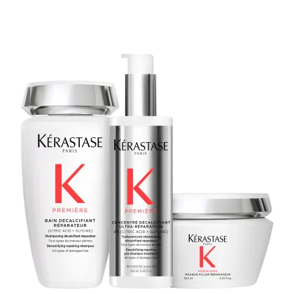 Kit com shampoo, máscara capilar e tratamento capilar Première, da marca Kérastase.