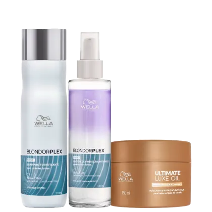 Kit Wella Professionals Ultimate Luxe Oil + BlondorPlex Antifrizz, 3 produtos.