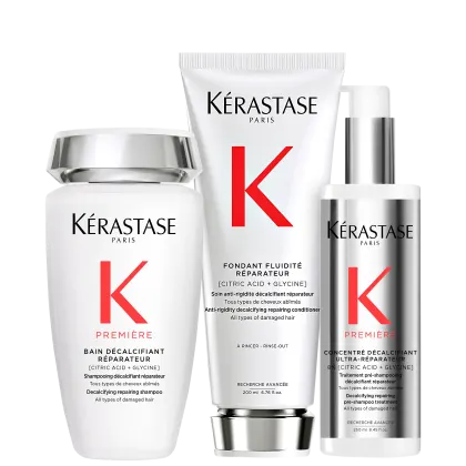 Kit com shampoo, condicionador e tratamento capilar Première, da marca Kérastase .
