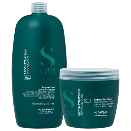 Produtos de cabelo da marca Alfaparf Milano, incluindo um frasco grande de shampoo reparador e um pote de máscara reparadora, ambos em tonalidade verde escura com detalhes em branco.