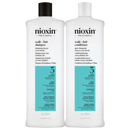 Kit com shampoo e condicionador Volume Thinning Sistema 3, da marca Nioxin.