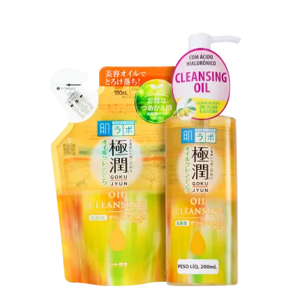 Dois frascos de óleo de limpeza da marca Hada Labo, com embalagens em tons de amarelo e laranja. Um frasco é maior, com 200 ml, e o outro versão refil, com 180 ml.