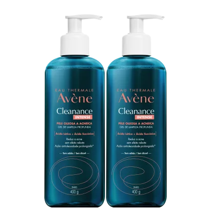 Dois frascos de gel de limpeza profunda da linha Avène Cleanance Intense, com bombas doseadoras brancas. Os frascos têm cor azul-esverdeada e rótulos com o nome da marca e do produto em vermelho.