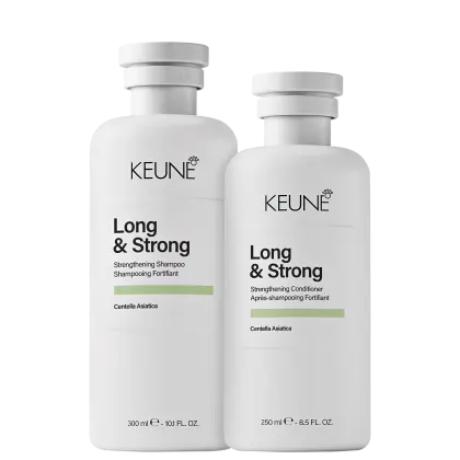 Dois frascos brancos da linha Long & Strong da Keune, um shampoo fortalecedor e um condicionador fortificante, ambos com rótulos em preto e verde, contendo 300ml e 250ml respectivamente.