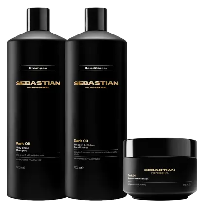 Conjunto de produtos de cuidados capilares da marca Sebastian Professional, incluindo shampoo, condicionador e máscara, todos em embalagens pretas com detalhes dourados, exibindo o nome da marca e a linha "Dark Oil".