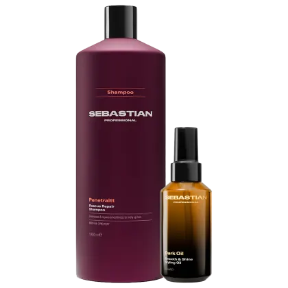 Frasco de shampoo da marca Sebastian Professional, na cor vinho, com rótulo destacado. Acompanha um frasco de óleo para cabelos da mesma marca, na cor âmbar. Produtos de tratamento e cuidado para cabelos.