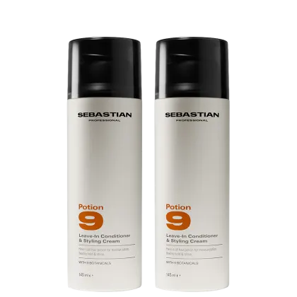 Dois frascos de condicionador e creme de penteado da marca Sebastian Professional, com a embalagem branca e preta, contendo a informação "Potion 9" e "Leave-In Conditioner & Styling Cream".