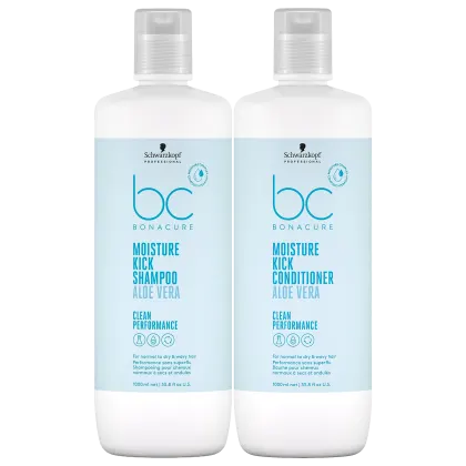 Dois frascos brancos e azuis da linha  BC Bonacure Moisture Kick Aloe Vera da Schwarzkopf Professional, contendo shampoo e condicionador de 1 litro cada