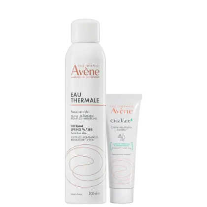 Dois produtos da marca Avène: um frasco de 300 ml de Eau Thermale, água termal para peles sensíveis, e um tubo de Cicalfate+, creme reparador de 20ml