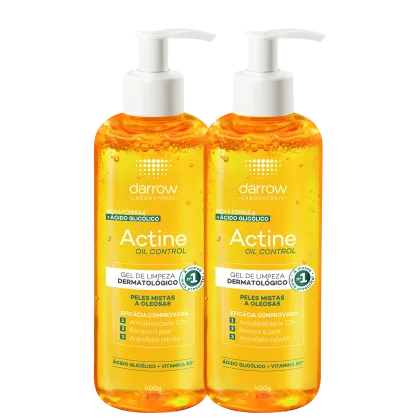 Dois frascos de gel de limpeza dermatológico Darrow Actine Oil Control, com 400g cada, em embalagem com bomba dosadora e rótulo destacando a fórmula com ácido glicólico e vitamina B5.