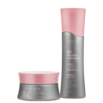 Dois produtos da linha Amend Expertise 40+ Prolonga & Regenera: um frasco de shampoo revitalizante rosa e prata de 250ml, e um pote de máscara revitalizante rosa e prata de 300g.
