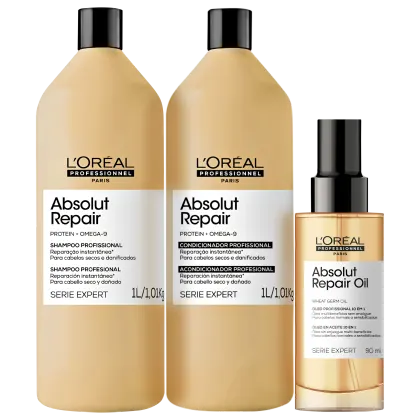 Dois frascos de shampoo e condicionador da linha Absolut Repair da L'Oréal Professionnel, com embalagens em tons de bege e preto, e um frasco de óleo reparador Absolut Repair Oil, também da mesma marca, em embalagem de vidro com tampa preta.