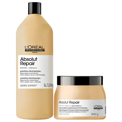 O produto de beleza da L'Oréal Professionnel é um conjunto de shampoo e tratamento condicionador da linha Absolut Repair, com embalagens em tons de amarelo e preto, contendo informações sobre os ingredientes e benefícios do produto.