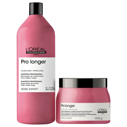 Produtos da linha Pro Longer da L'Oréal Professionnel, incluindo um frasco de shampoo e um pote de tratamento condicionante, ambos em embalagens rosa e preta com detalhes em branco.