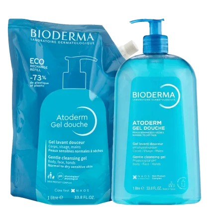 Embalagem de gel de banho Atoderm da Bioderma, com frasco de 1 litro e refil de 1 litro em embalagem plástica reciclável. Produto indicado para peles normais a secas, com pH fisiológico e complexo de proteção da pele.