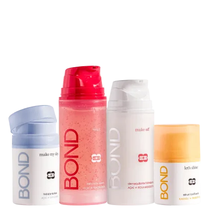 Produtos de beleza da marca Bond Rio, incluindo um hidratante facial, um sabonete suave, um demaquilante e um sérum tonificante, em embalagens coloridas com rótulos indicando os nomes dos produtos.