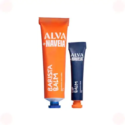 Dois tubos de creme de beleza da marca Alva + Naveia, um em laranja e outro em azul escuro, com os nomes da marca impressos em branco.