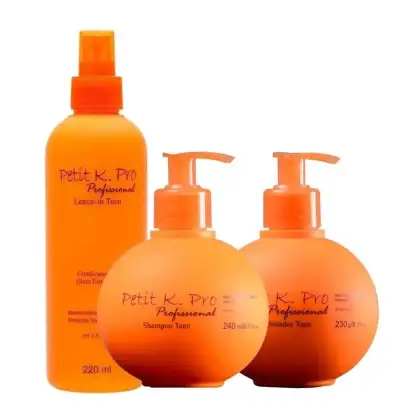 Kit K.Pro Petit com Shampoo 240ml + Condicionador 230ml + Leave-In Teen 220ml, em embalagens na cor laranja