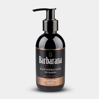 Balm Hidratante de Barba da marca Barbarana. A embalagem é um frasco preto com um rótulo branco e dourado, contendo 150ml do produto. O frasco possui um dispensador com bomba para facilitar a aplicação do produto.