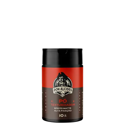 Frasco preto com rótulo vermelho e preto da marca Don Alcides, contendo um produto texturizador de efeito matte e alta fixação, com volume de 10g.