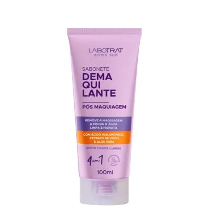 O produto apresentado é um sabonete desmaquiante da marca Labotrat, com a denominação "Sabonete Demaquilante" em destaque. O tamanho do produto é de 100ml.