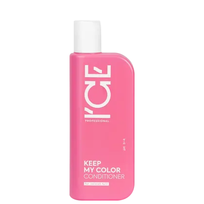 Frasco de condicionador para cabelos coloridos da marca Ice Professional, com embalagem rosa e texto branco "KEEP MY COLOR CONDITIONER".