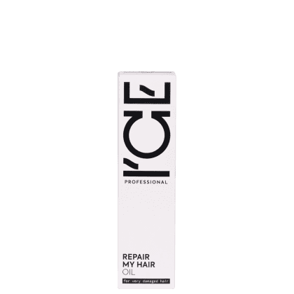 Frasco branco com rótulo preto e branco da marca Ice Professional, contendo óleo para reparar cabelos muito danificados.