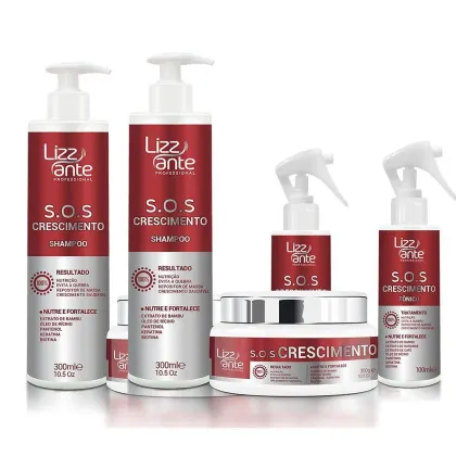 Produtos de cuidados capilares da marca Lizz ante Professional, incluindo um shampoo, um tônico e uma máscara capilar. Os produtos estão em embalagens vermelhas e brancas, com o nome da marca e a indicação "S.O.S Crescimento" impressos nos rótulos
