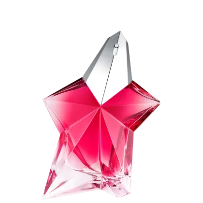 Frasco de item de perfumaria em formato de estrela, com corpo de vidro e conteúdo vermelho-rosa brilhante e detalhes em prata. O frasco possui uma tampa pontiaguda e uma alça de metal na parte superior.