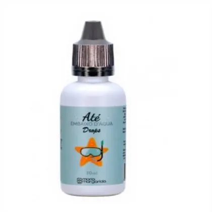 Produto de embalagem em frasco plástico transparente de 10ml. A embalagem é cilíndrica com tampa preta rosqueada. O rótulo apresenta fundo azul claro com uma estrela laranja usando óculos escuros.