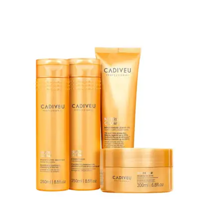Há dois frascos cilíndricos de 250ml cada, contendo shampoo e condicionador. Ao lado, um frasco do leave-in 150ml. Por último, um pote redondo de 200ml da máscara nutritiva capilar. Todos em cor laranja com letras prateadas.