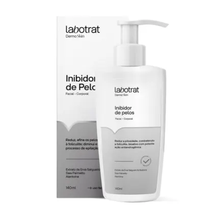 O produto mostrado na imagem é um inibidor de pelos da marca Labotrat, linha Dermo Skin. O frasco é branco com uma bomba de aplicação e contém 140ml do produto.