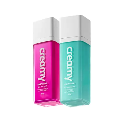 A imagem mostra dois frascos retangulares transparentes de sérum cor rosa e azul, com tampas brancas.