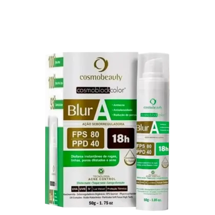 Protetor solar. Rótulo indicando que se trata de um produto com ação seborregulatória, FPS 80 e PPD 40, com duração de 18 horas. O frasco possui um aplicador para