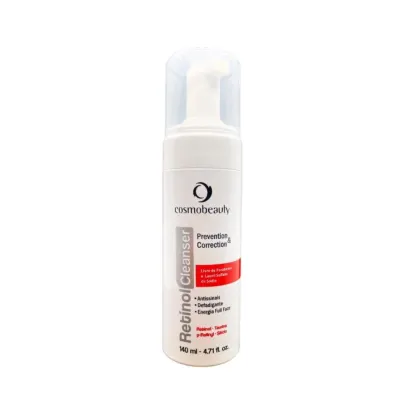 Sabonete facial. O frasco possui uma tampa branca e um rótulo com o nome do produto "Retinol Cleanser" e informações sobre suas propriedades, como "Antissinais", "Defadigante" e "Energia Full Face".