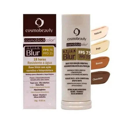 Cosmobeauty Cosmoblockcolor Stick Blur, um produto de proteção solar com FPS 75 e PPD 25, apresentado em embalagem de tubo com rótulos em cores marrom e bege.