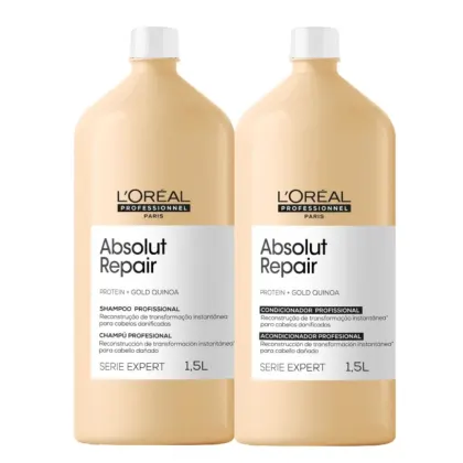A imagem mostra dois frascos de plástico de 1,5 litros da linha Absolut Repair da L'Oréal Professionnel, de cor bege com rótulo branco.