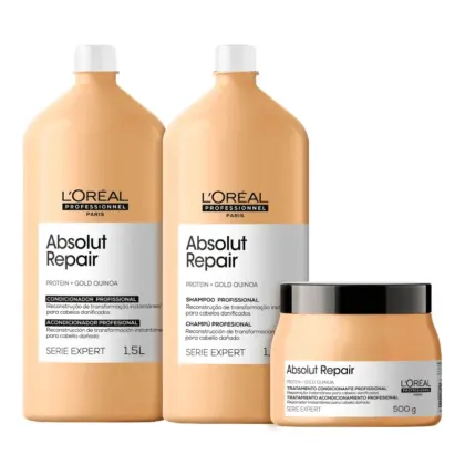 A imagem mostra um kit com dois frascos de plástico de 1,5 litros da linha Absolut Repair da L'Oréal Professionnel, de cor bege com rótulo branco e um pote arredondado de tampa preta.